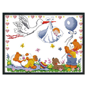 Baby Coming 14CT Stamped Cross Stitch Print Canvas Needlework  34x27cm