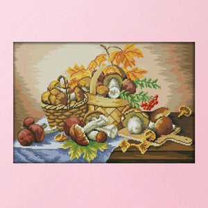 Mushroom Basket 14CT Stamped Cotton Thread Cross Stitch Needlework  J143