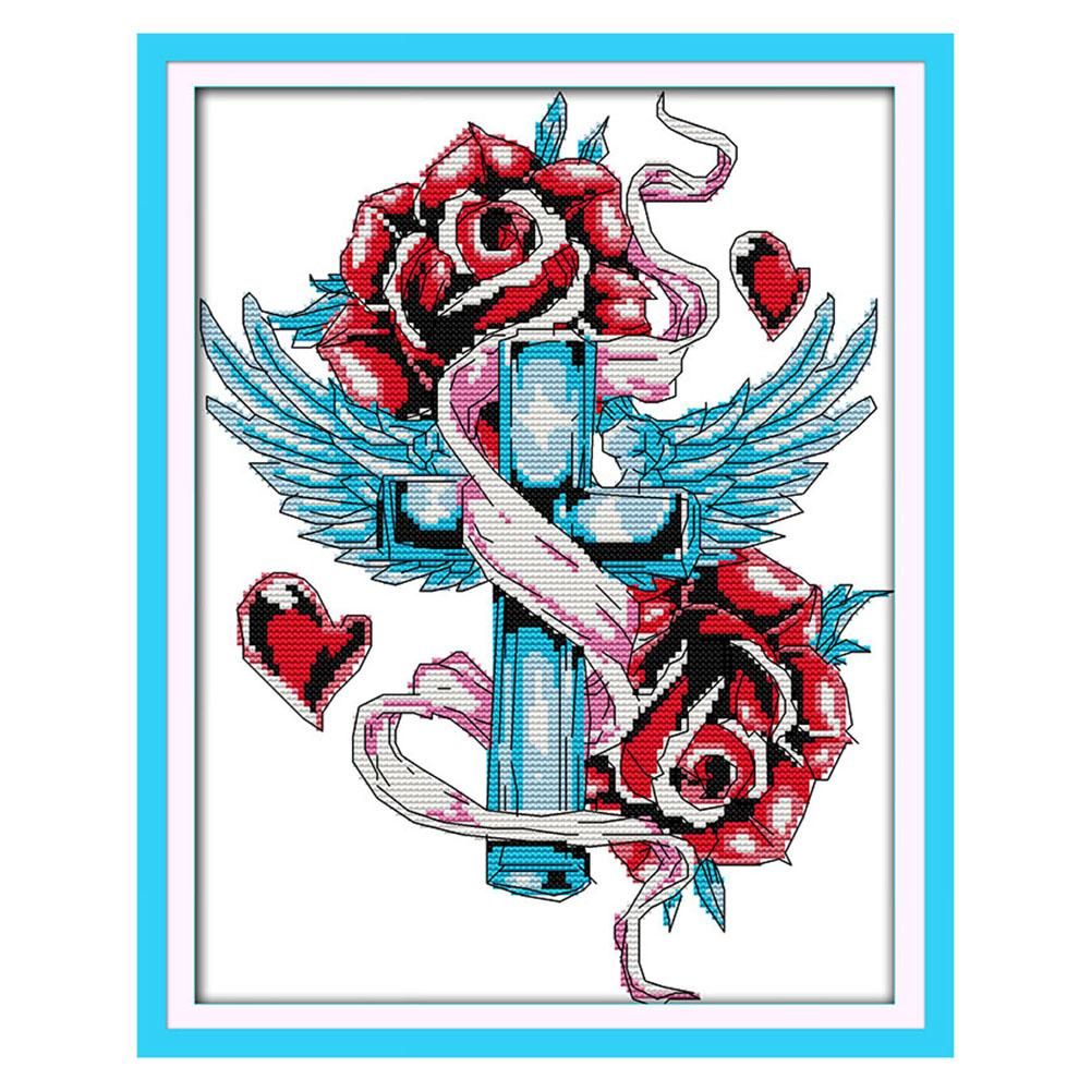 J240 Rose Cross Print Cross Stitch DIY Embroidery Set Canvas Needlework