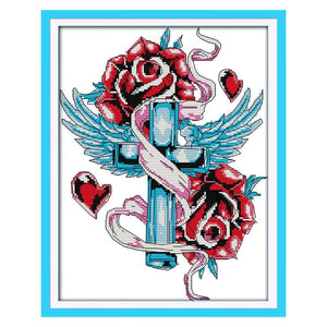 J240 Rose Cross Print Cross Stitch DIY Embroidery Set Canvas Needlework