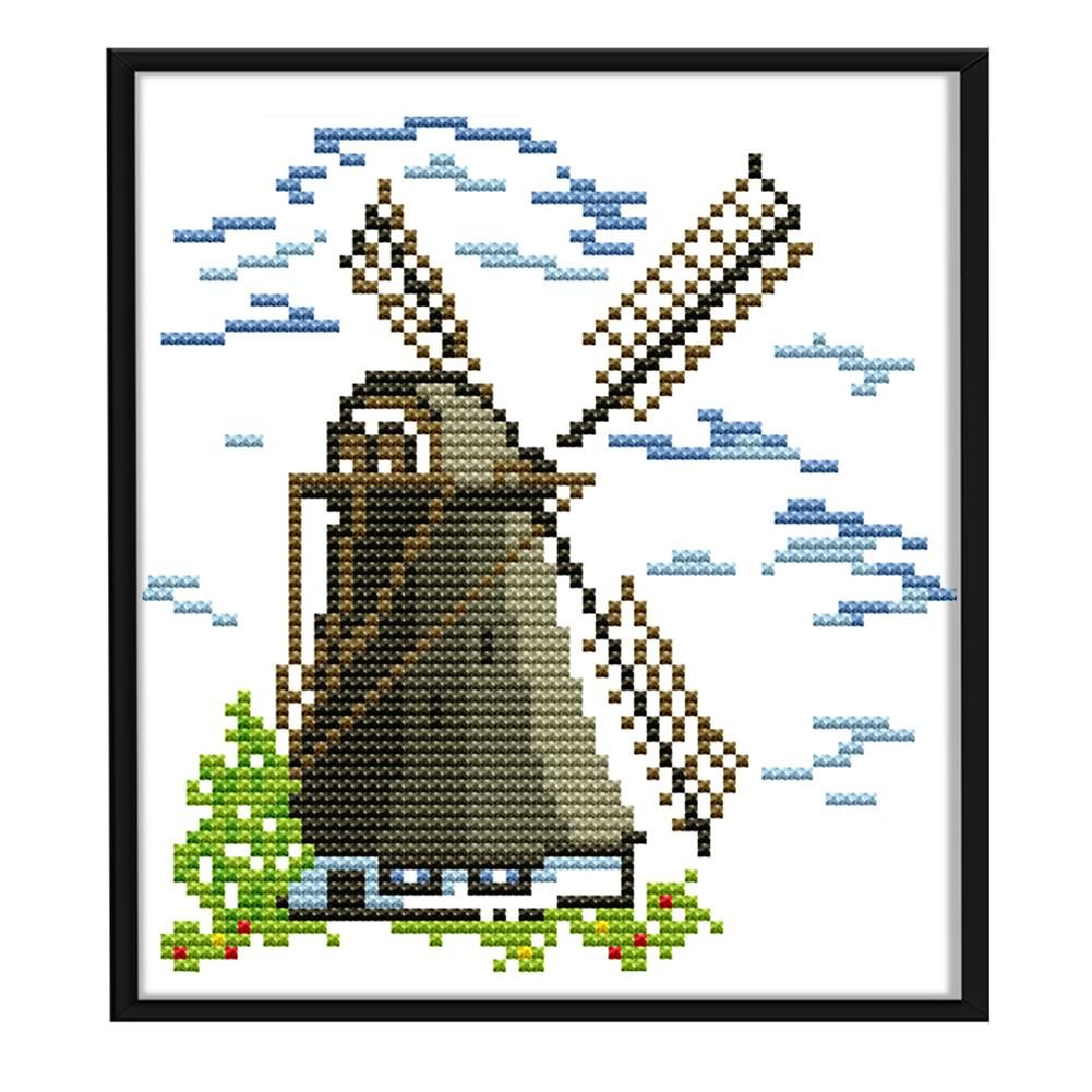 14CT Stamp Cross Stitch Kits DIY Small Windmill Needlework 17 X 17cm  F493