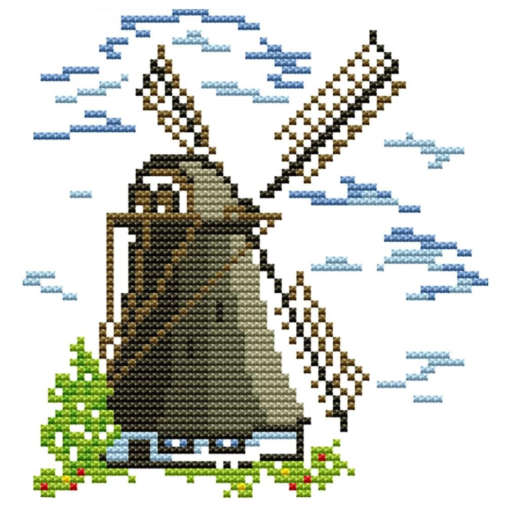 14CT Stamp Cross Stitch Kits DIY Small Windmill Needlework 17 X 17cm  F493