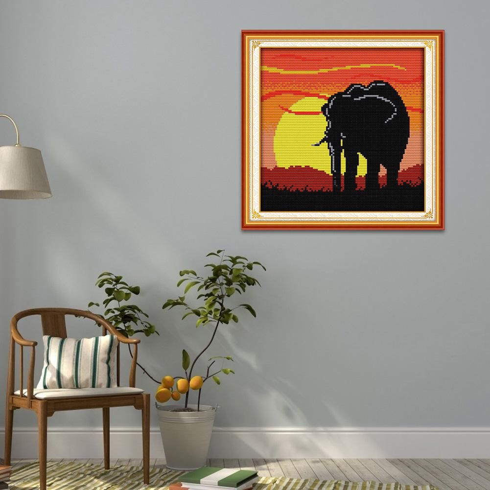 Sunset Elephant Canvas Painting Handmade Cross Stitch Needlework Set (D608)