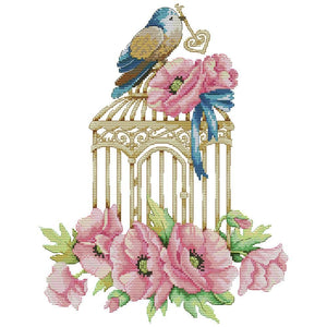 Printed Canvas Cross Stitch DIY Embroidery Needlework Sets (DA415 Birdcage)