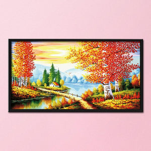 Stamped Cross Stitch Autumn Scenery 14CT Embroidery DIY Set  F009 Bridge