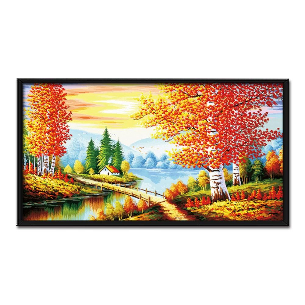 Stamped Cross Stitch Autumn Scenery 14CT Embroidery DIY Set  F009 Bridge