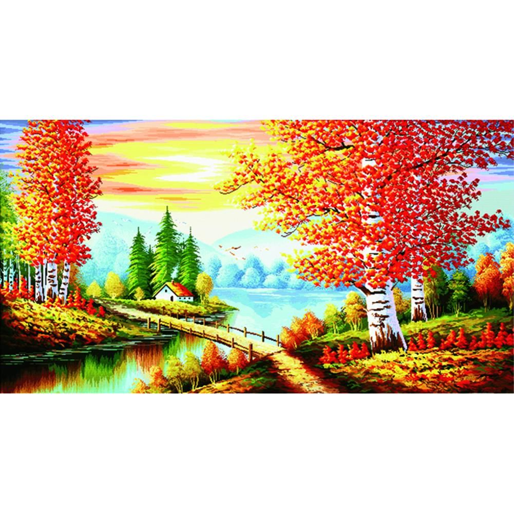 Stamped Cross Stitch Autumn Scenery 14CT Embroidery DIY Set  F009 Bridge