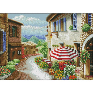 F690 Street View Cotton Thread Printed Cross Stitch Embroidery Cloth Kit