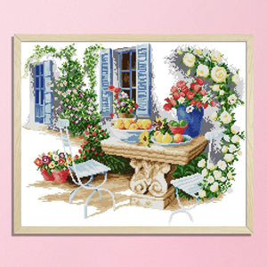 Stamped Cross Stitch Kit Flower 14CT Embroidery Set  Stone Table F418