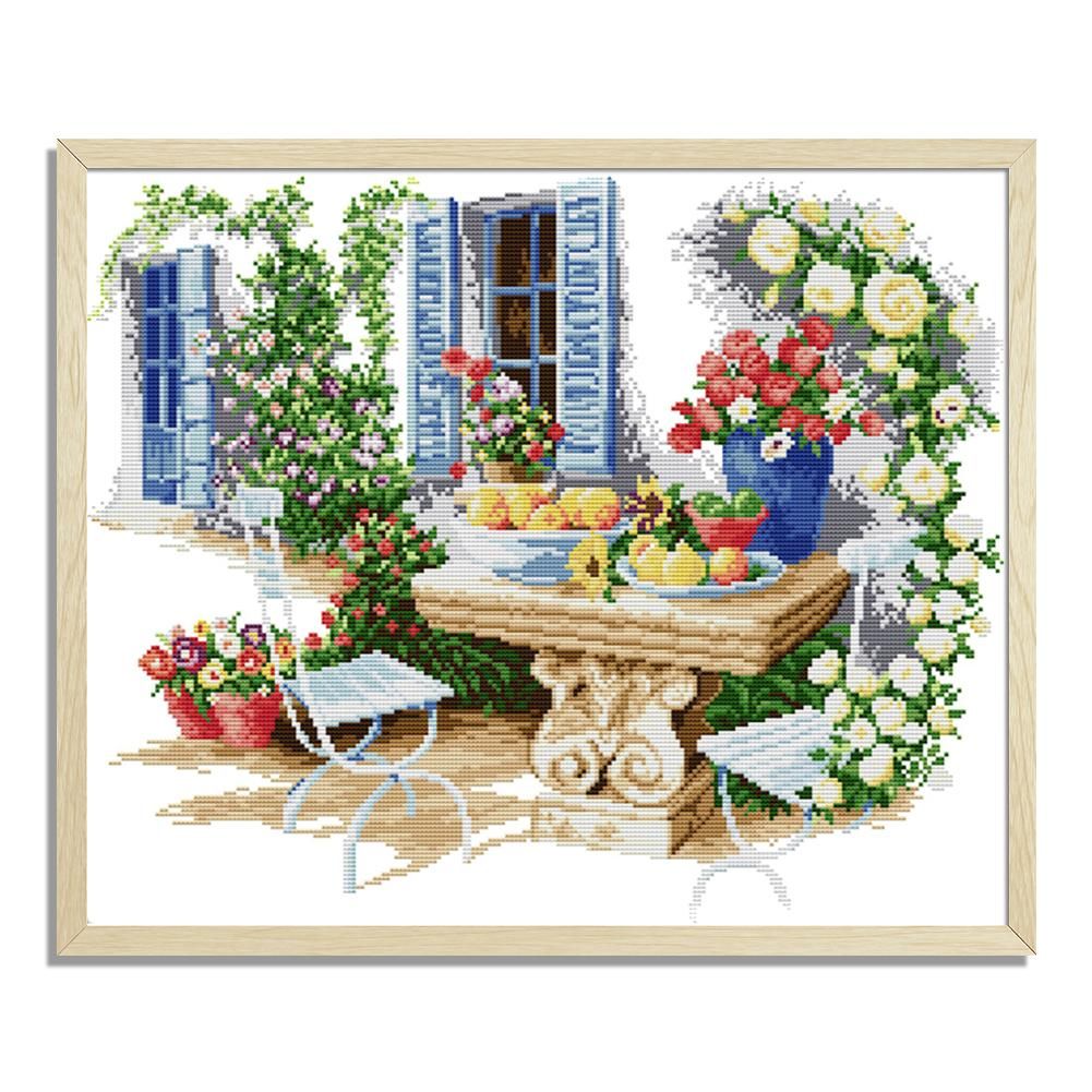 Stamped Cross Stitch Kit Flower 14CT Embroidery Set  Stone Table F418