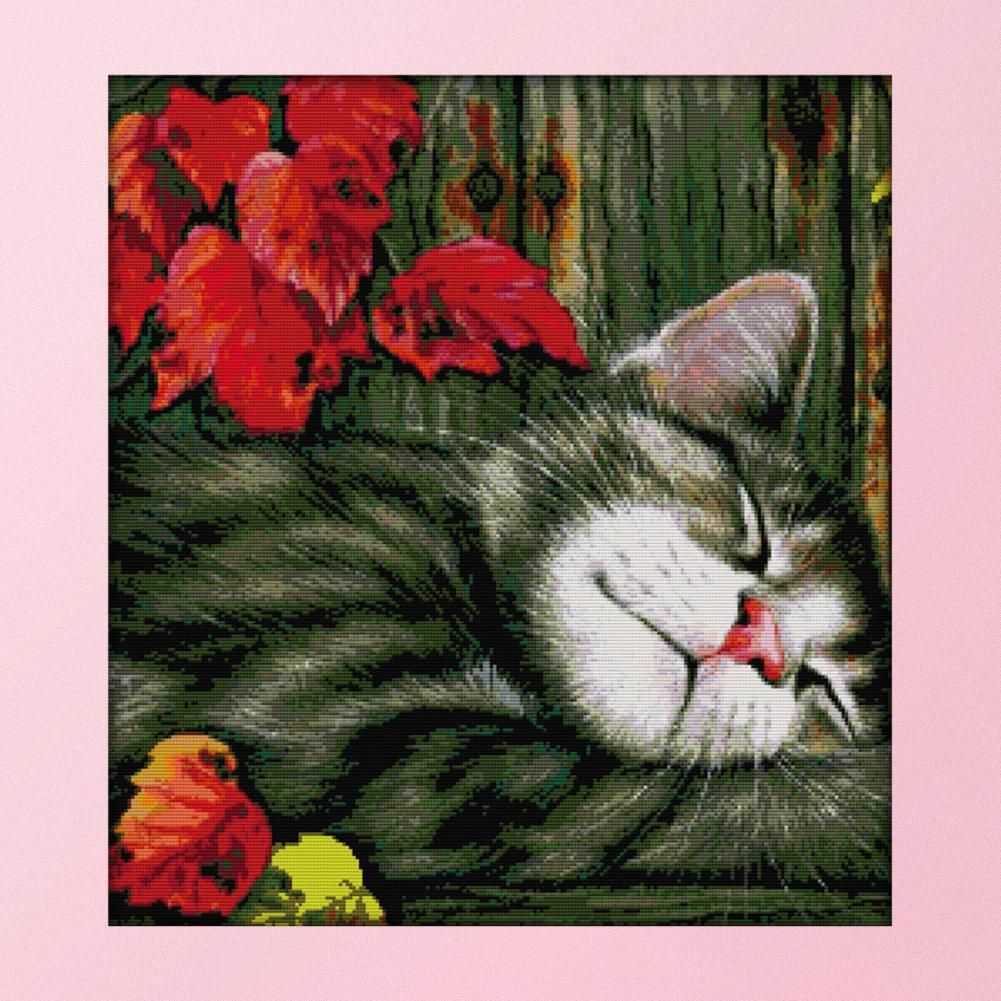 Cross Stitch Kits DIY Leaf Cat 14CT Stamped Embroidery 51 X 54cm  D361