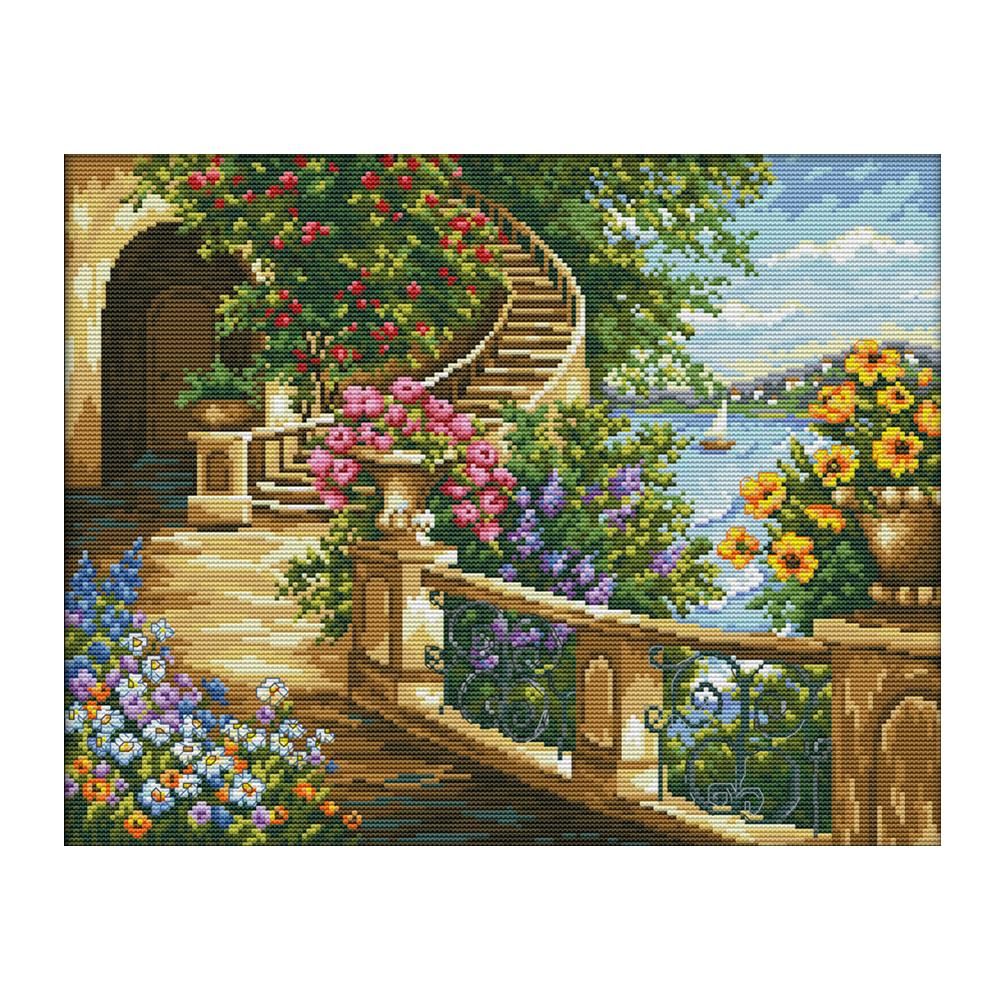 Spring Balcony Counted Print Cross Stitch DIY Needlework Set Crafts (FA023)