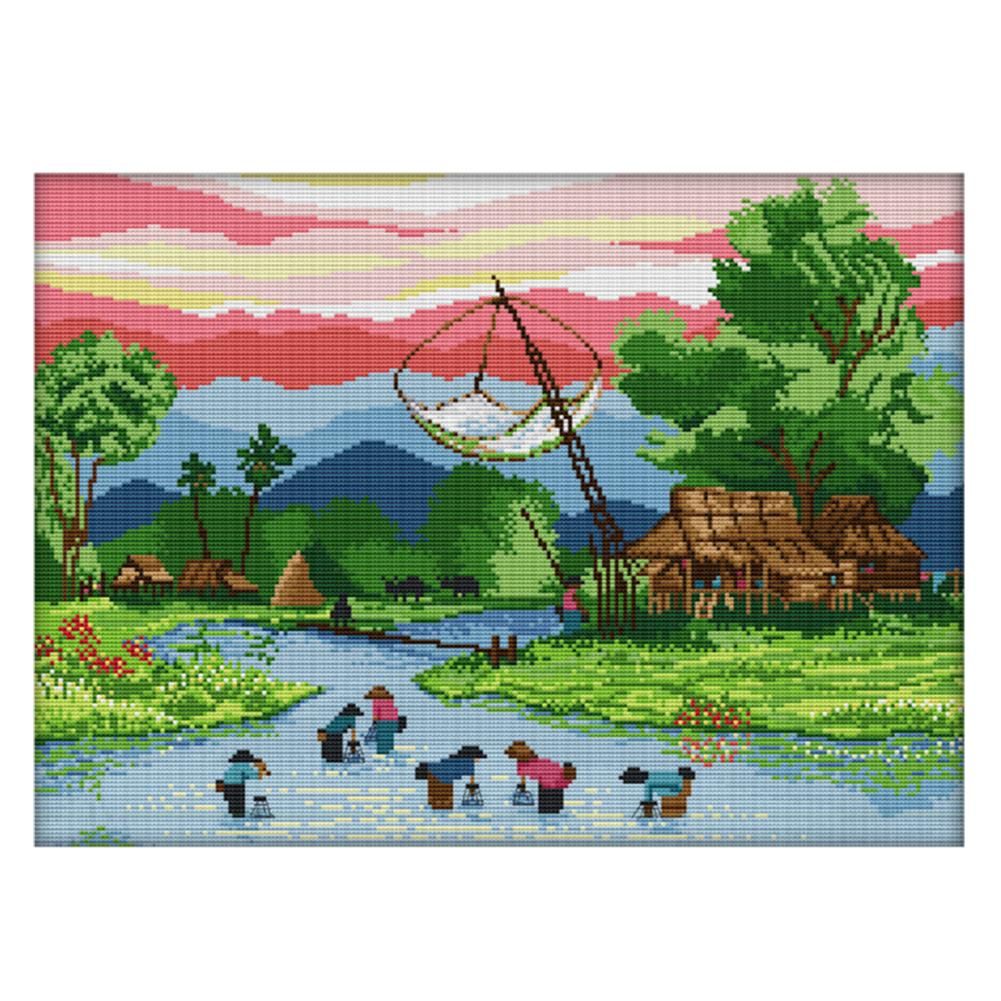 14CT Print Canvas Counted Cross Stitch Kit DIY Needlework (F642 Catch Fish)