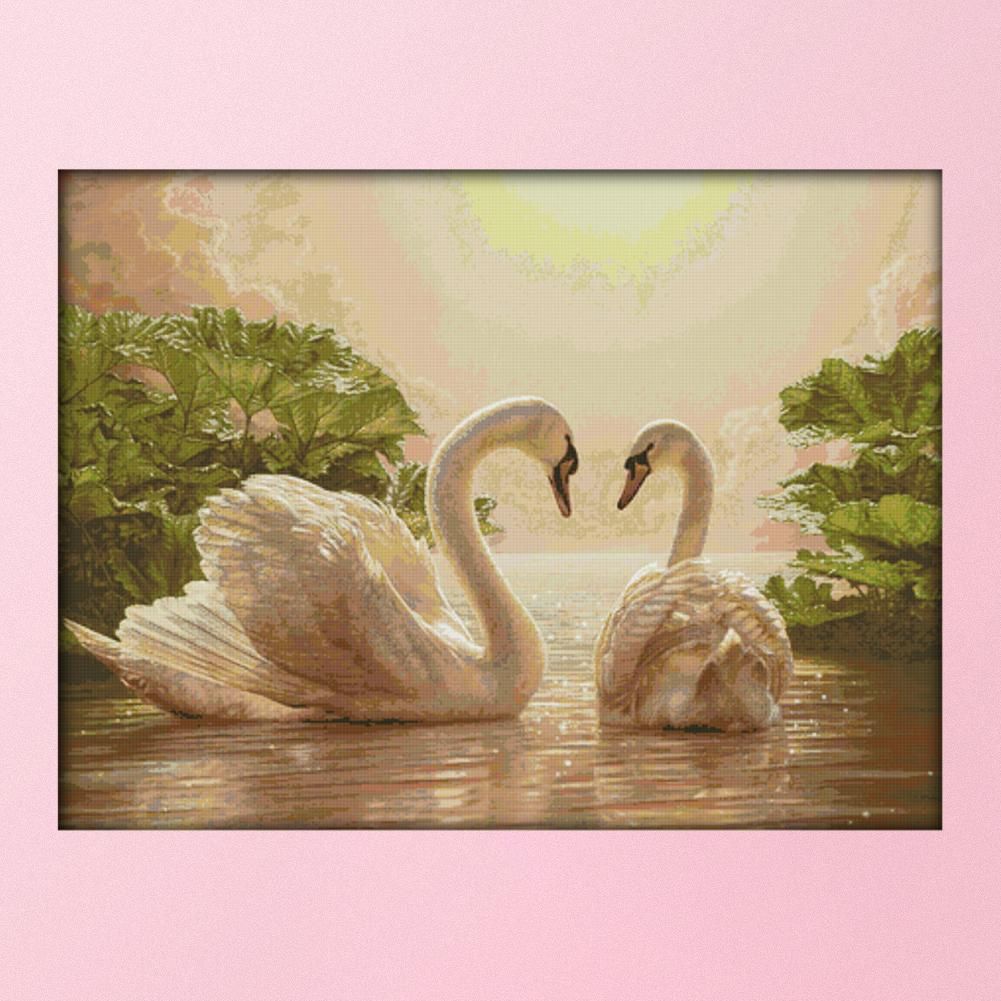 Animal Cross Stitch Embroidery 14CT Stamped Needlework  Two Swan D656