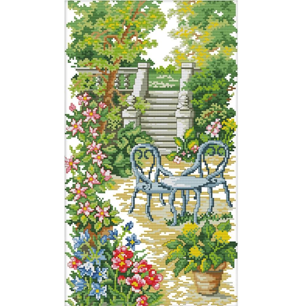 F689 Garden Stairs Cotton Thread Printed Cross Stitch Embroidery Cloth Kit