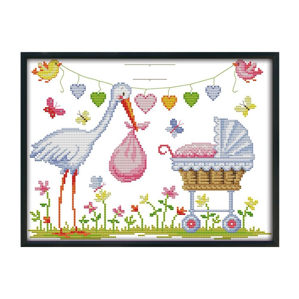 Crane Birth 14CT Stamped Cartoon Cross Stitch Canvas Embroidery Kits  C454