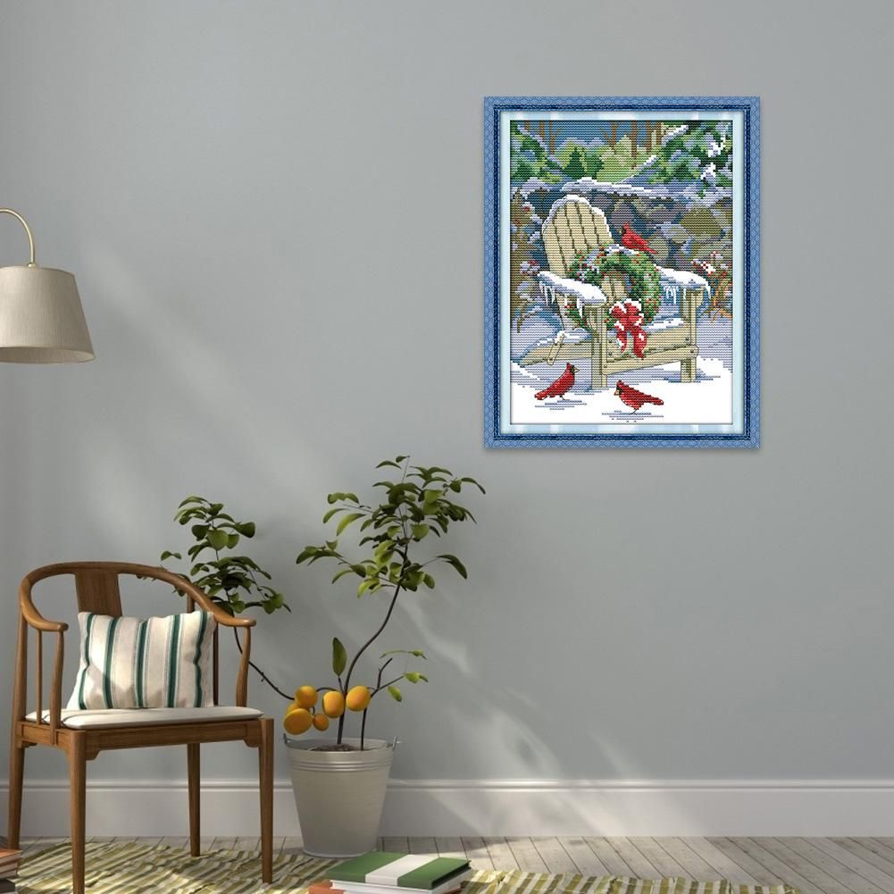 Christmas Snow View Cross Stitch 14CT Canvas Count Print Needlework (F423)