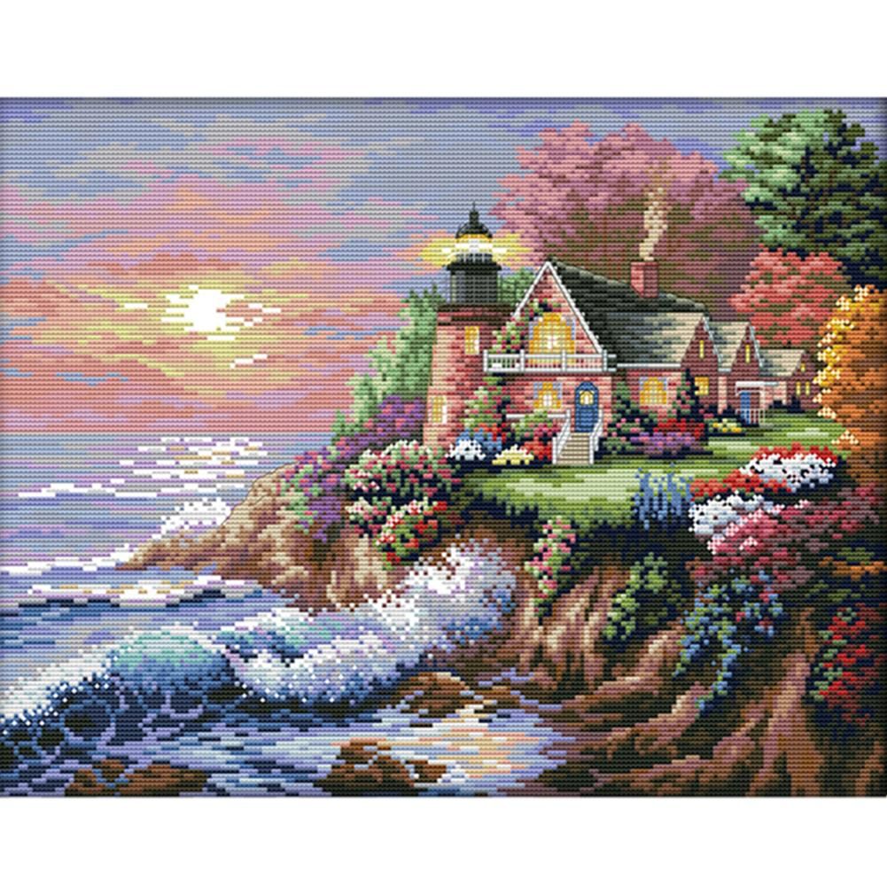 Seaside Lighthouse Handmade Cross Stitch Ecological Cotton Canvas (F682)