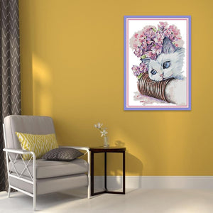 Cat and Flower Cotton Cross Stitch Painting Handmade DIY Embroidery (DA465)