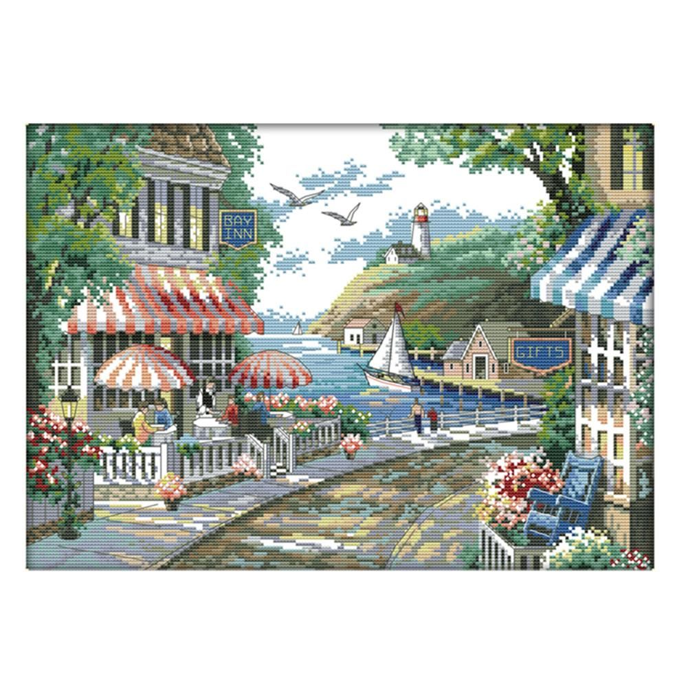 14CT Print Canvas Count Cross Stitch Kit DIY Needlework (F645 Seaside Cafe)