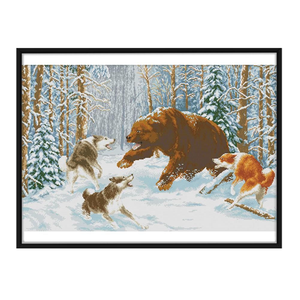 DIY 14CT Stamped Kit Needlework Cross Stitch Artwork  D316 Snow Wolf Bear