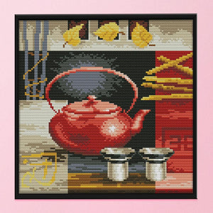 14CT Stamped Cotton Cross Stitch DIY Printed Needlework  Red Teapot Cup