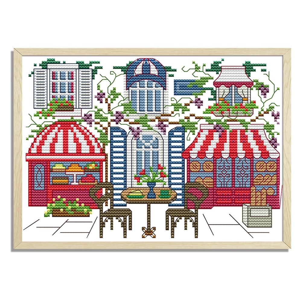 Street Scenery DIY Cross Stitch 14CT Stamped Landscape  F731 25x17cm