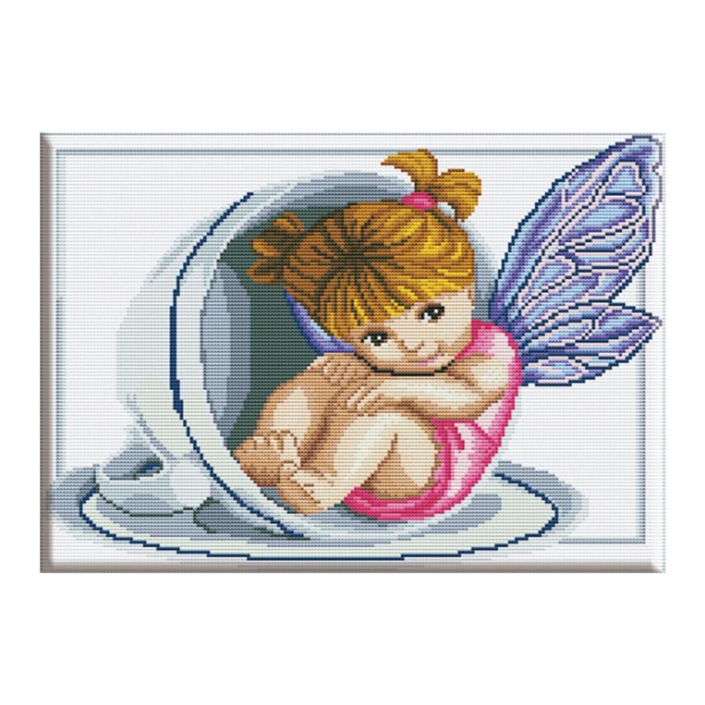 14CT Stamp Print Cross Stitch Angel Embroidery DIY Needlework Home Decor