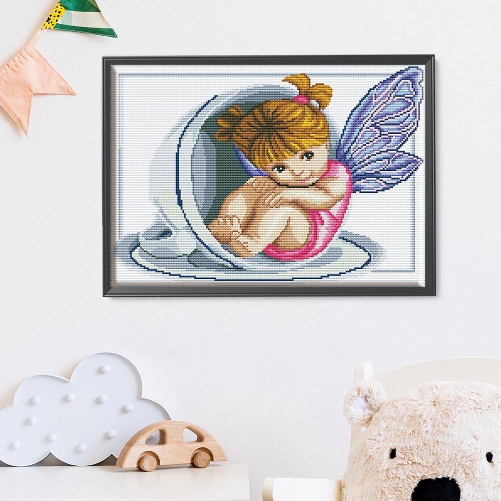 14CT Stamp Print Cross Stitch Angel Embroidery DIY Needlework Home Decor