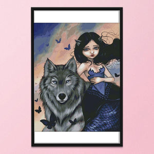 DIY 14CT Stamped Kit Needlework Cross Stitch Artwork  D311 Wolf and Girl