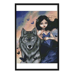 DIY 14CT Stamped Kit Needlework Cross Stitch Artwork  D311 Wolf and Girl