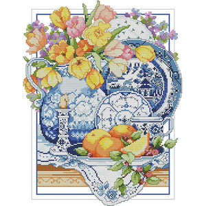 14CT Stamped Cross Stitch DIY Porcelain Flowers Needlework 41 X 33cm  5