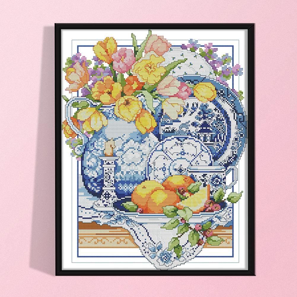 14CT Stamped Cross Stitch DIY Porcelain Flowers Needlework 41 X 33cm  5