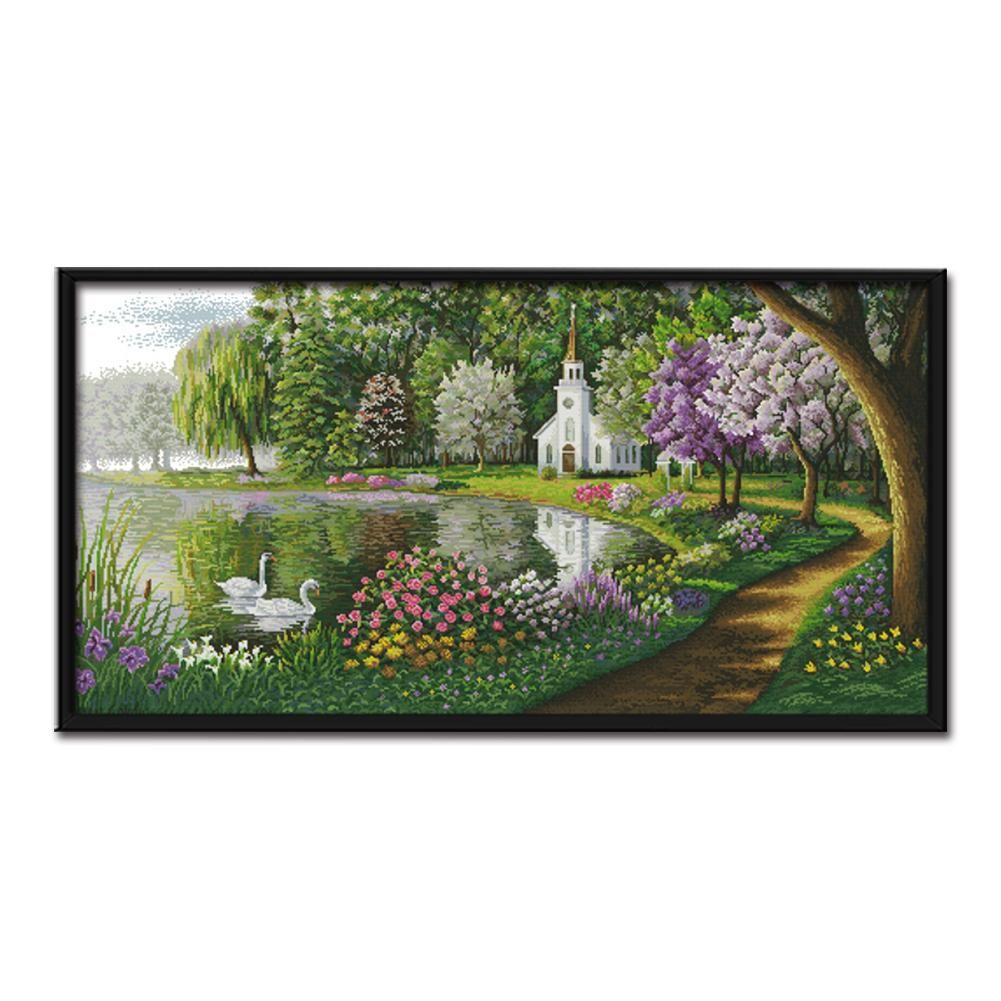 14CT Stamped Cross Stitch Kits DIY Landscape Needlework 100 X 54cm  F154