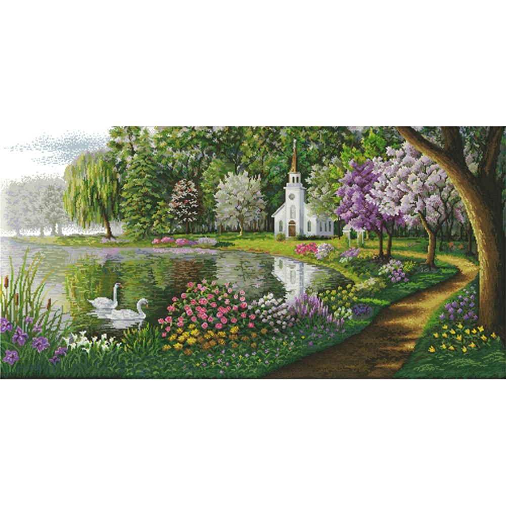 14CT Stamped Cross Stitch Kits DIY Landscape Needlework 100 X 54cm  F154