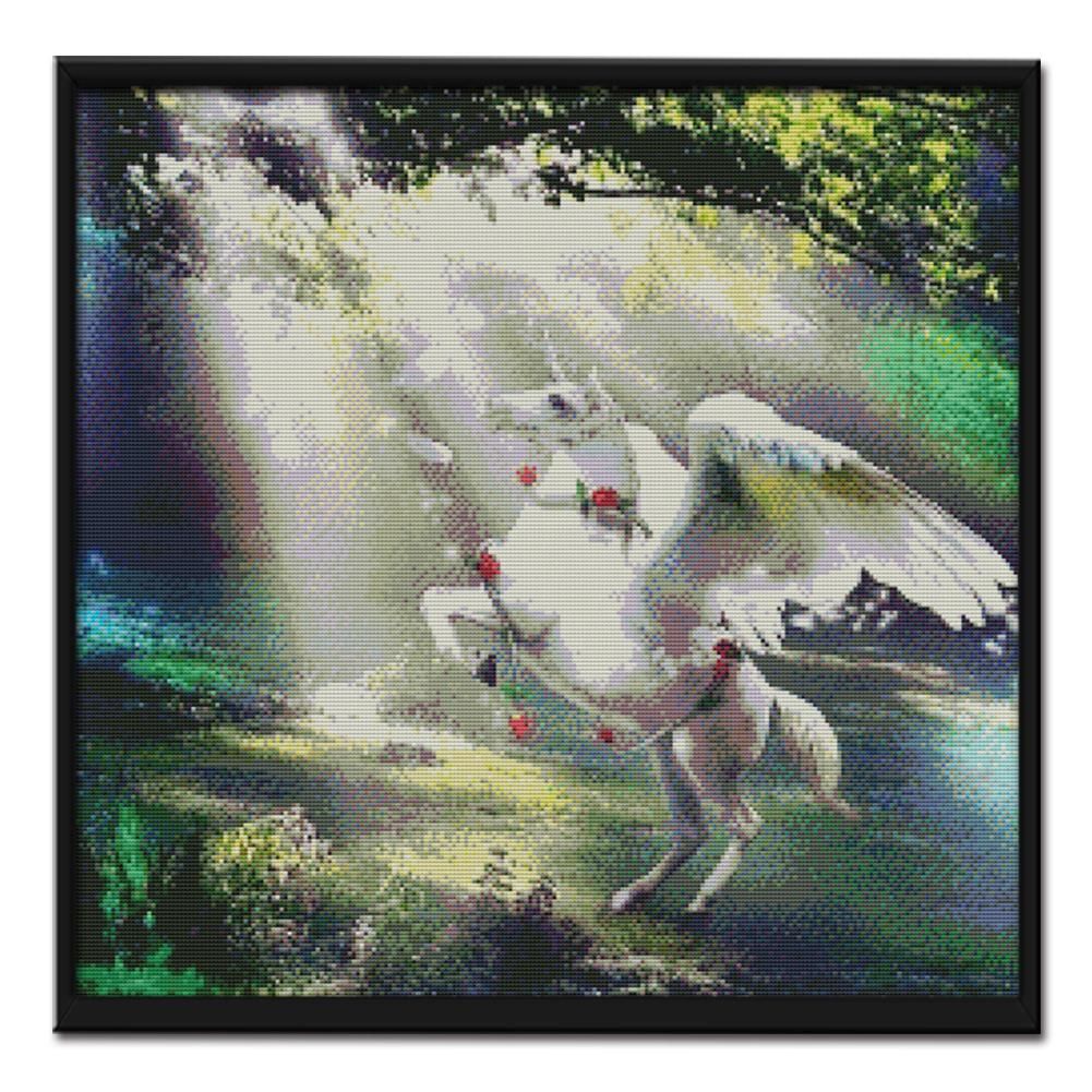 Stamped Cross Stitch Horse 14CT Embroidery  Forest White Winged Horse D452