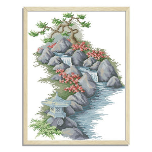 Stamped Cross Stitch Kit Mountain 14CT Embroidery Set  Rock Stream F409