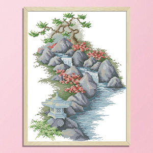 Stamped Cross Stitch Kit Mountain 14CT Embroidery Set  Rock Stream F409