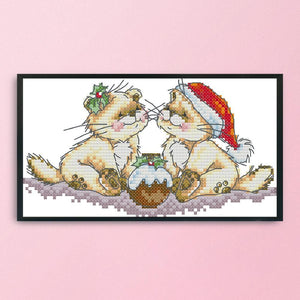 Cross Stitch 14CT Stamped Printed Canvas Crafts  C037 Christmas Kitten