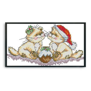 Cross Stitch 14CT Stamped Printed Canvas Crafts  C037 Christmas Kitten