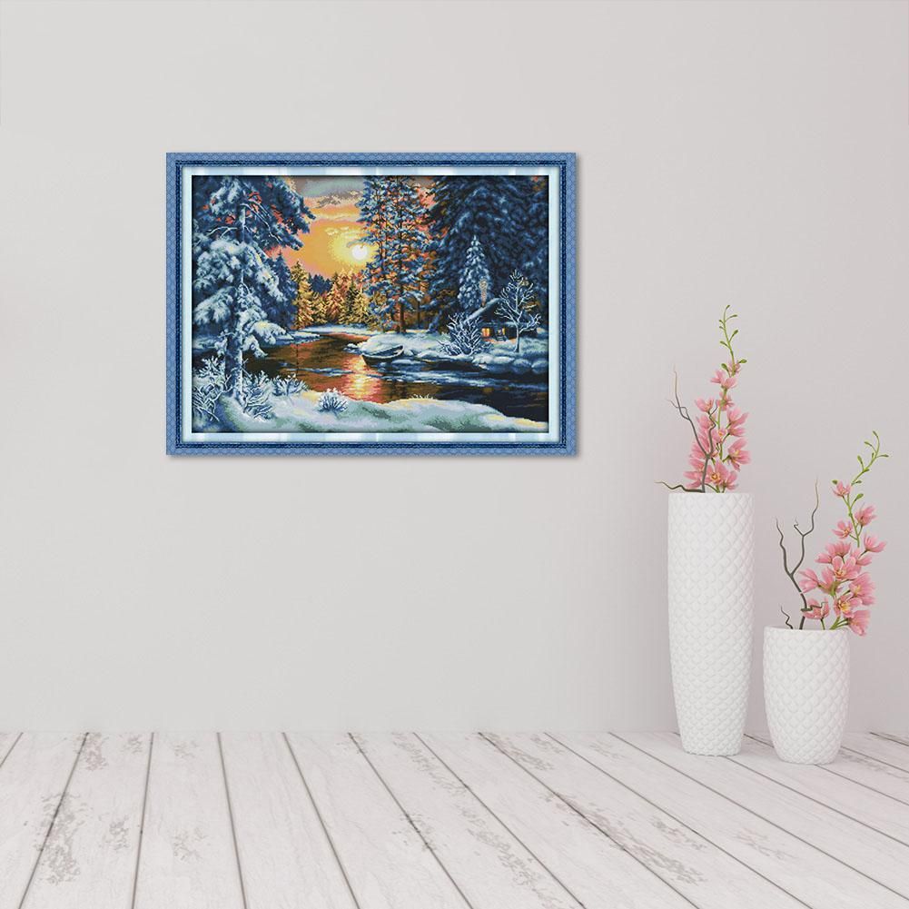 F686 Sunset Snow Cotton Thread Print Cross Stitch DIY Embroidery Cloth Kit