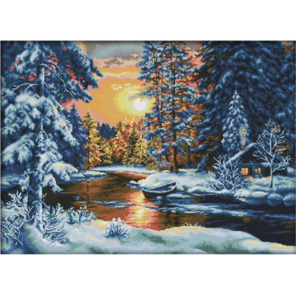 F686 Sunset Snow Cotton Thread Print Cross Stitch DIY Embroidery Cloth Kit