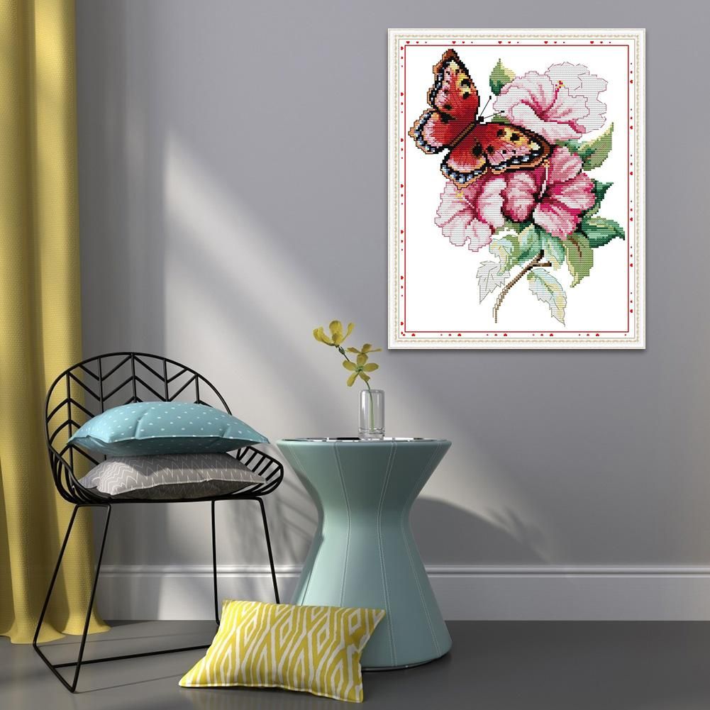 (28*35cm)14ct Stamped Cross Stitch - Butterfly Flower