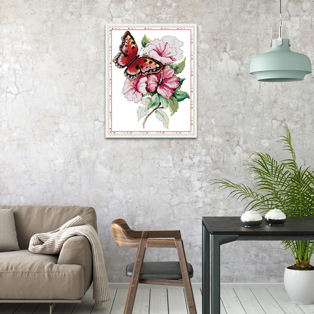 (28*35cm)14ct Stamped Cross Stitch - Butterfly Flower