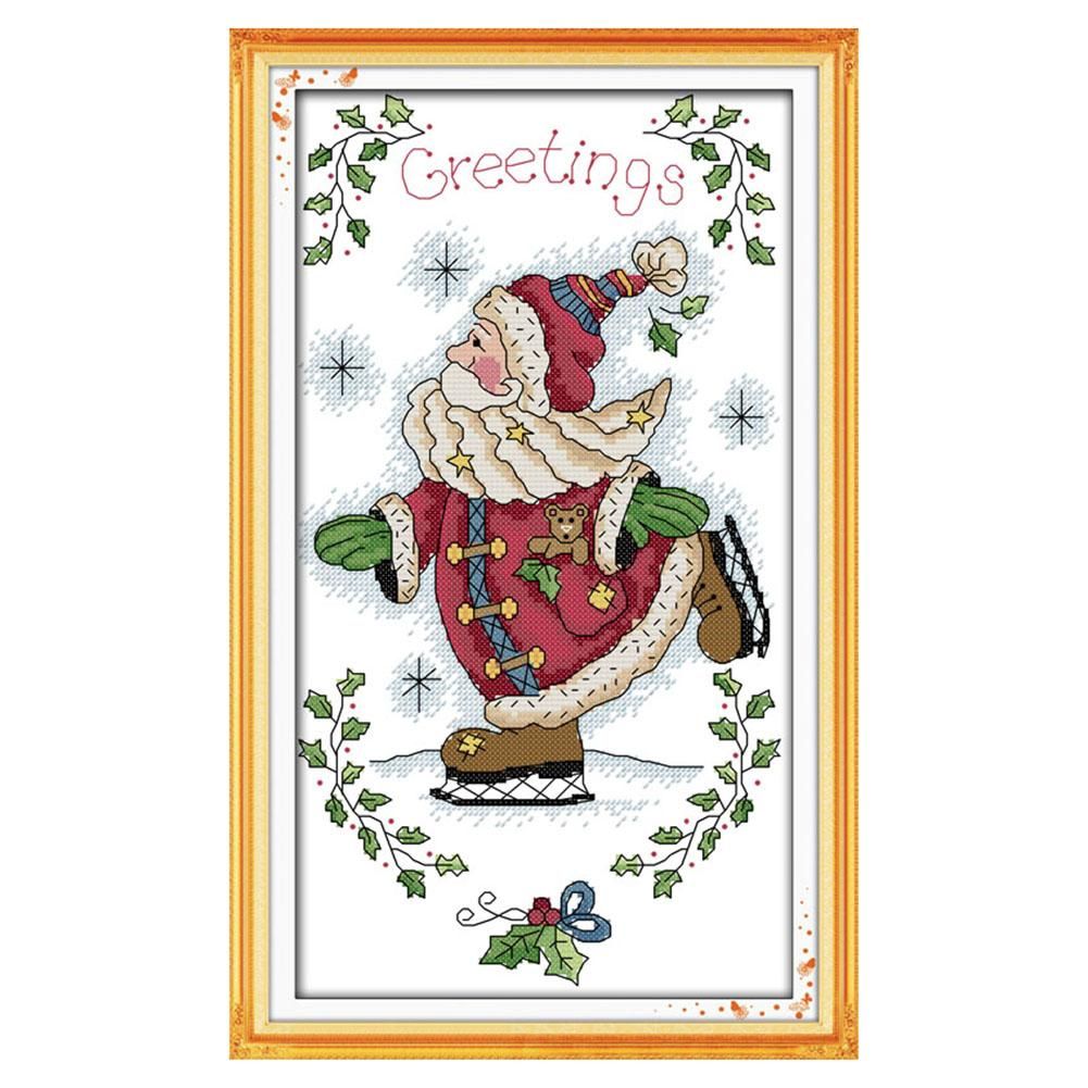 Skating Santa Claus Canvas 14CT Stamp Cross Stitch DIY Needlework  K630