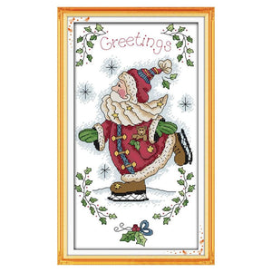 Skating Santa Claus Canvas 14CT Stamp Cross Stitch DIY Needlework  K630