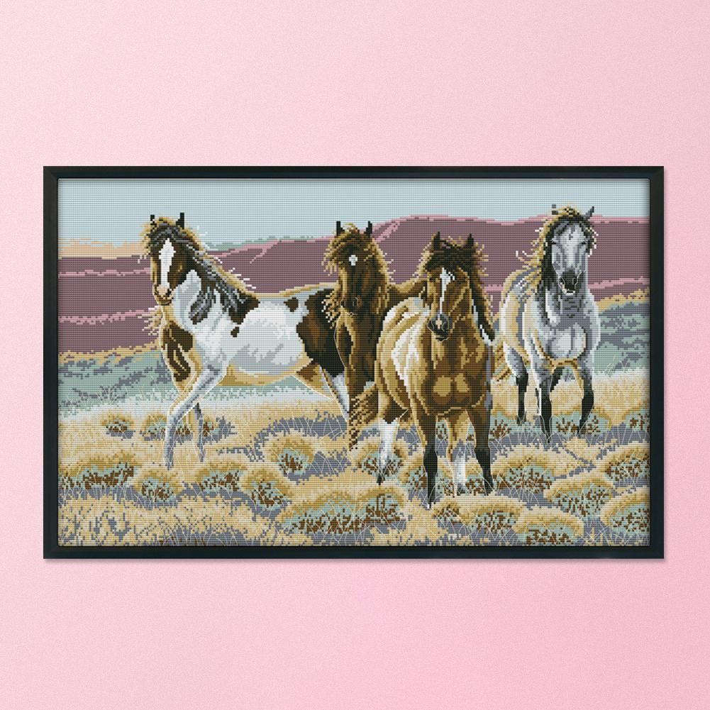 14CT Stamped Cross Stitch Kits Craft Four Horse Sewing Needlework  D496