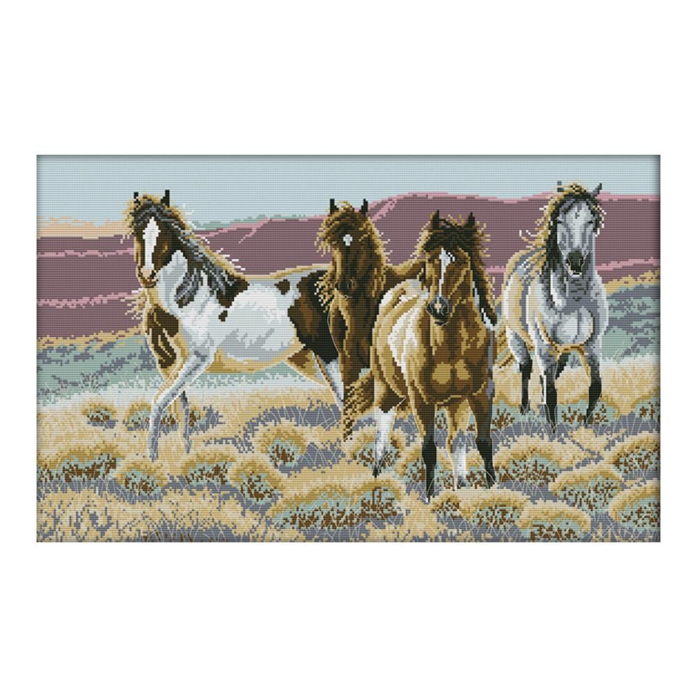 14CT Stamped Cross Stitch Kits Craft Four Horse Sewing Needlework  D496