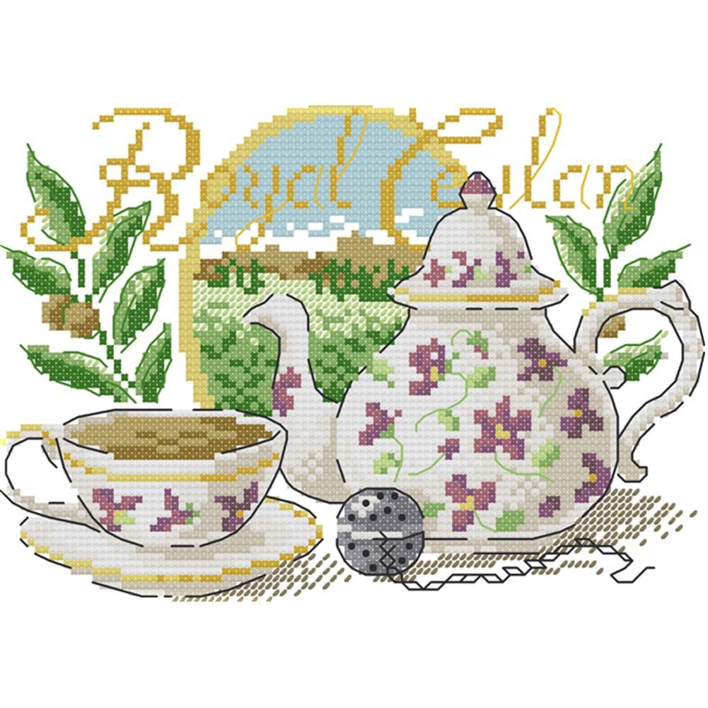 14CT Stamped Cotton Cross Stitch DIY Printed Needlework  Flower Tea Set