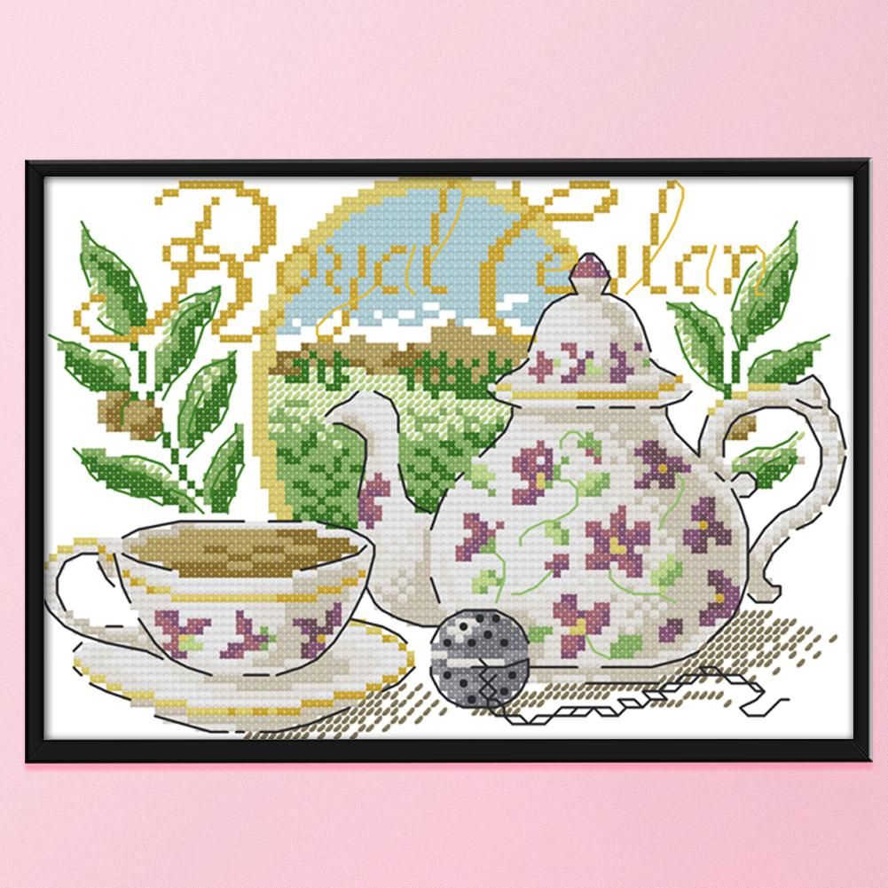 14CT Stamped Cotton Cross Stitch DIY Printed Needlework  Flower Tea Set